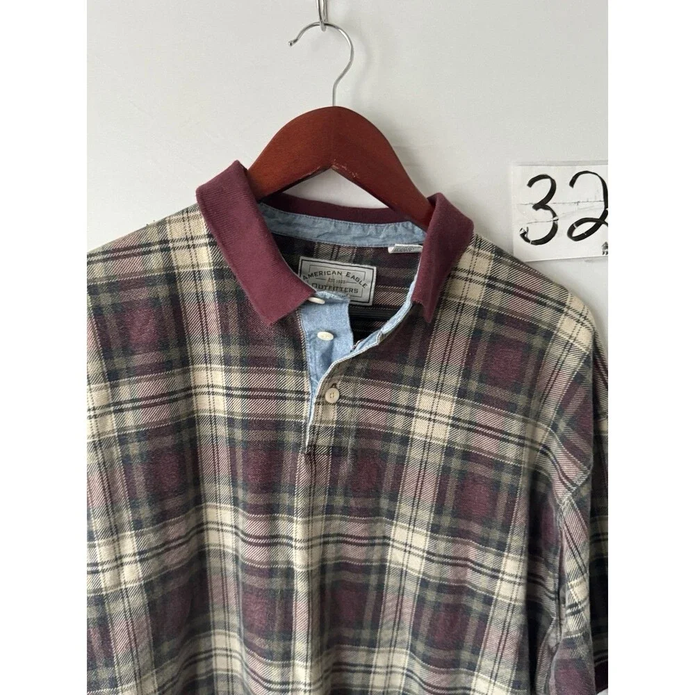 American Eagle Outfitters Plaid Polo Shirt Mens M Burgundy Y2K Preppy Cotton